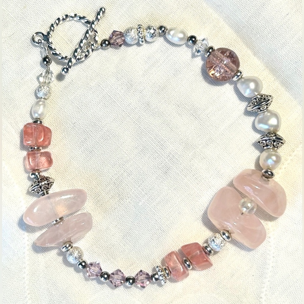 Pink Rose Quartz Strawberry Obsidian Sterling Silver Beaded Bracelet 7.5”